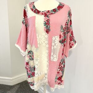 POL Patchwork Tunic Top Sz Medium Pink Floral Lace Oversized Boxy Raw Seams NWOT